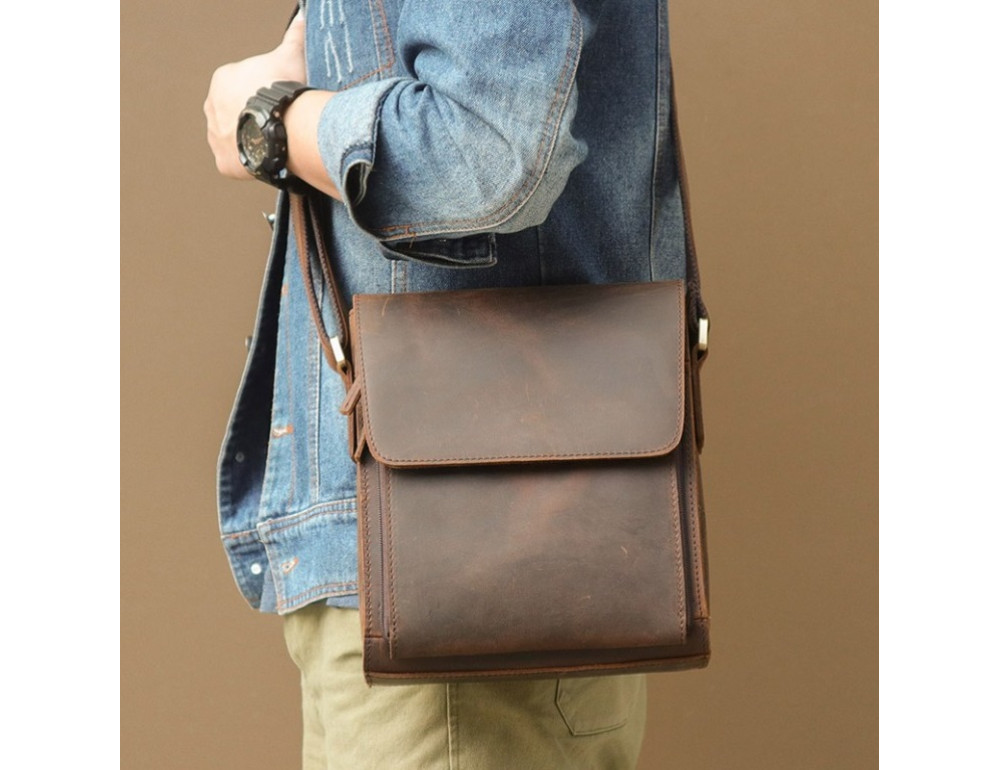 Мужская кожаная сумка на плечо TIDING BAG 7055DB коричневая - Фото № 2