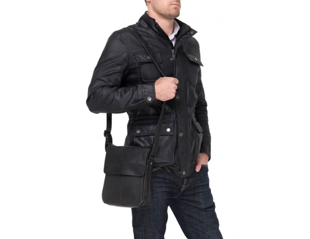 Чорна шкіряна сумка-месенджер TIDING BAG 9805A - Фотографія № 2