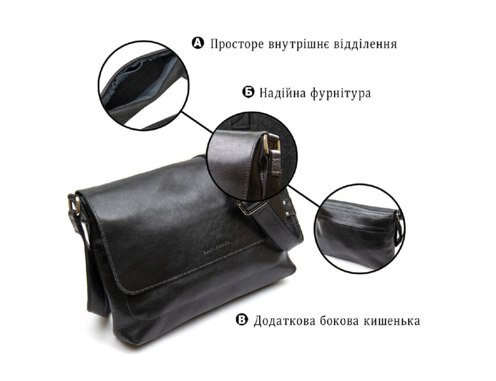Шкіряна чоловіча сумка через плече GRANDE PELLE 753610 Чорна - Фотографія № 3