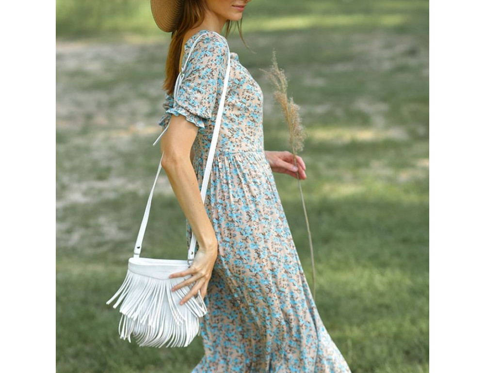 Шкіряна сумка з бахромою міні-кроссбоді Fleco біла Blanknote BN-BAG-16-white - Фотографія № 4
