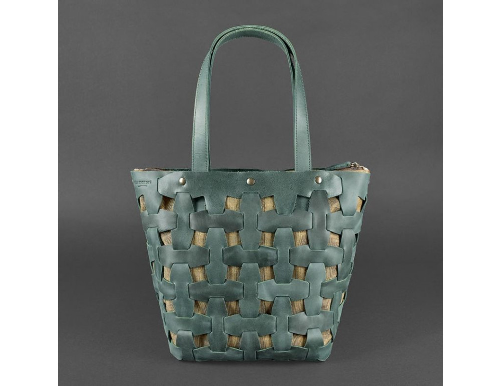 Шкіряна плетена сумка Пазл L зелена Crazy Horse Blancnote BN-BAG-33-iz - Фотографія № 7