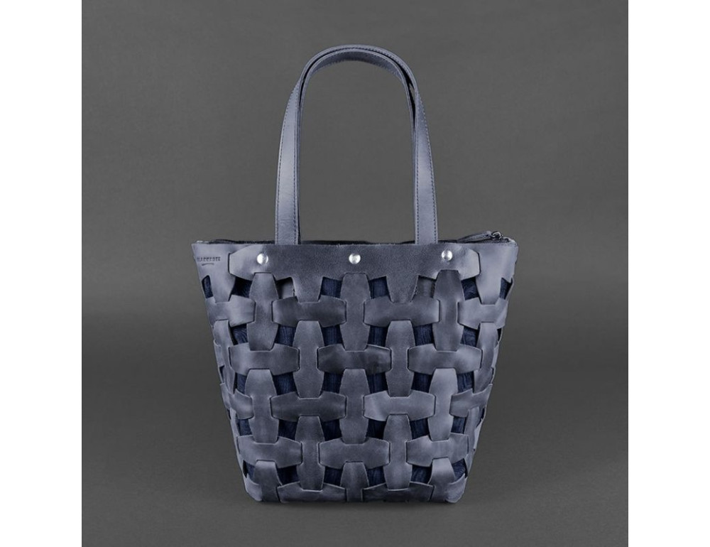 Шкіряна плетена сумка жіноча Пазл L синя Crazy Horse Blancnote BN-BAG-33-nn - Фотографія № 7