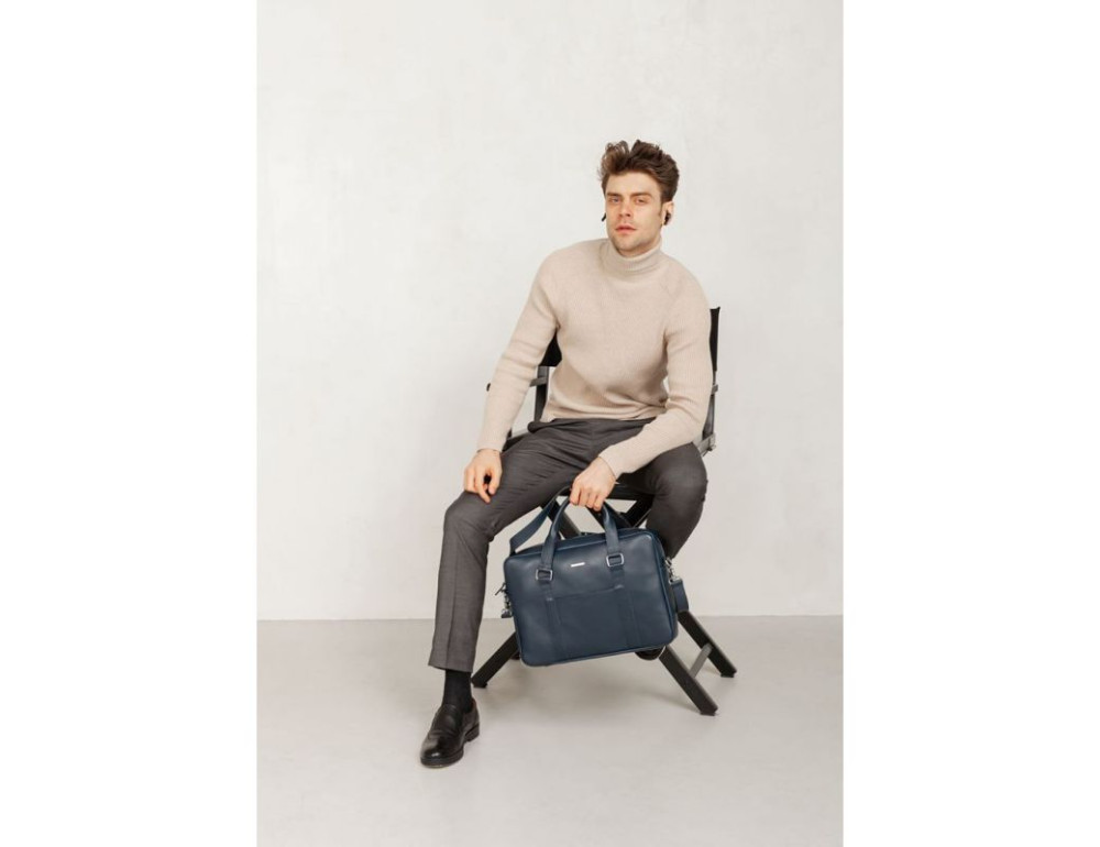 Синя шкіряна сумка під документи унісекс Blanknote BN-BAG-37-navy-blue - Фотографія № 7