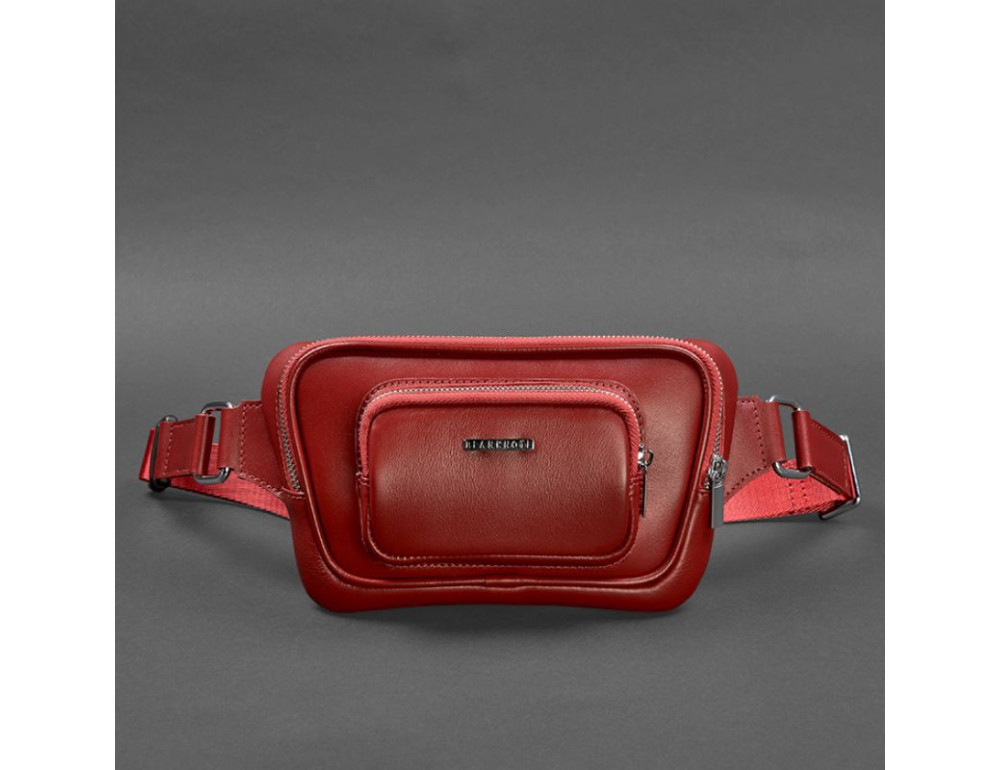 Кожаная поясная сумка-бананка ирапеция красная BN-BAG-45-red - Фото № 6