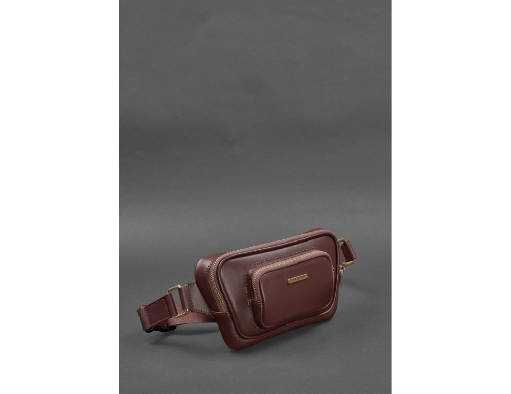 Кожаная поясная сумка-бананка трапеция бордовая BN-BAG-45-vin - Фото № 2