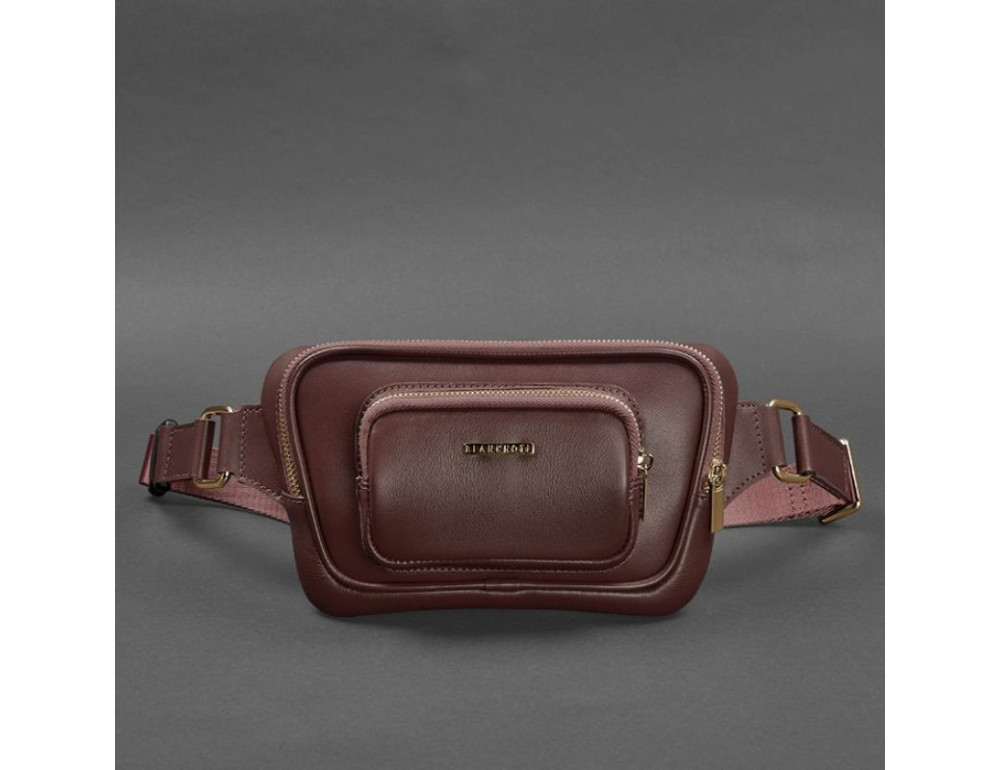 Кожаная поясная сумка-бананка трапеция бордовая BN-BAG-45-vin - Фото № 6