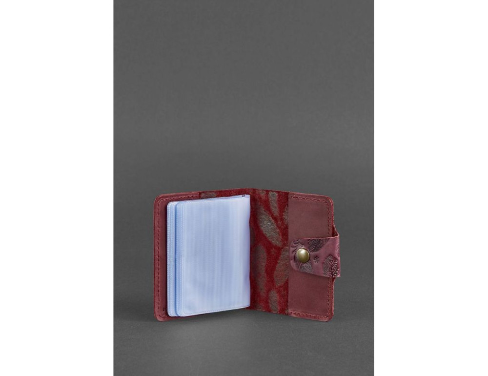 Женский кожаный кард-кейс 7.1 (Книжечка) бордовый с перьями Blancnote BN-KK-7-1-vin-pero-kr - Фото № 3
