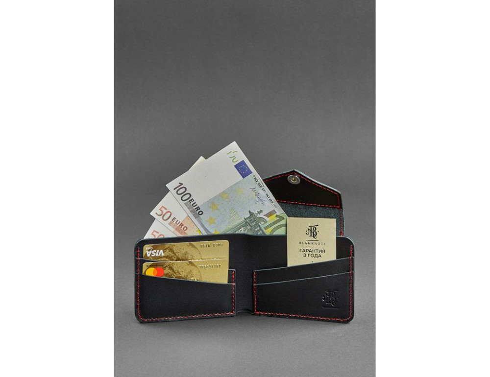 Шкіряне портмоне на чорній кнопці з червоною ниткою Blancnote BN-PM-4-2-g-k - Фотографія № 2
