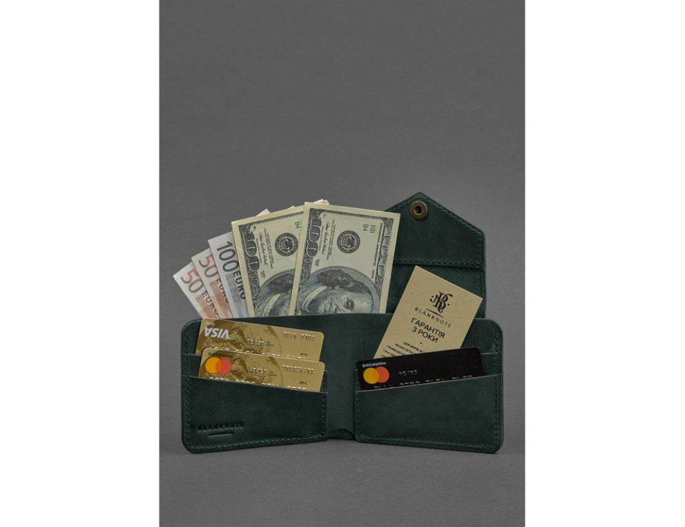 Шкіряний портмоне на кнопці зелений Crazy Horse Blancnote BN-PM-4-2-iz - Фотографія № 2