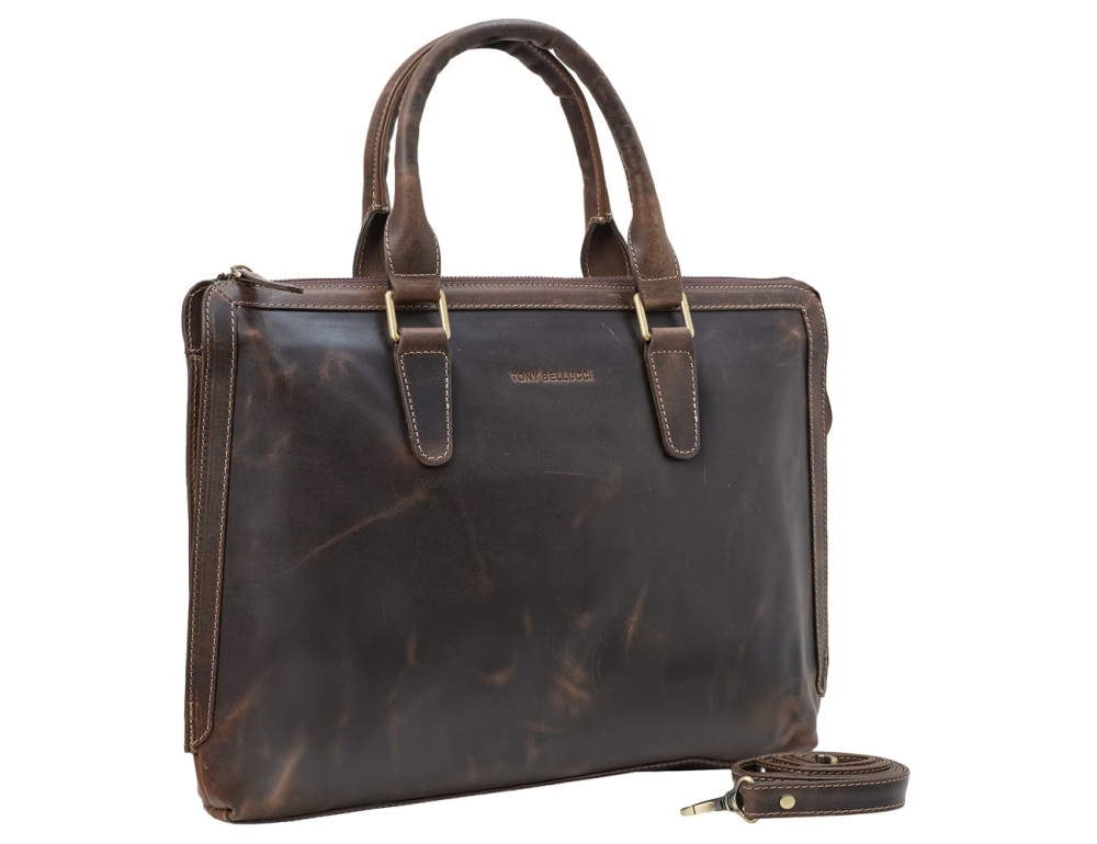 Коричневая кожаная сумка-чехол для ноутбука Tony Bellucci 5037-06 - Фото № 2