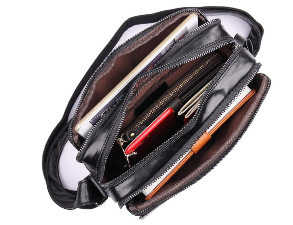 Стильная мужская кожаная сумка через плечо черная Tiding Bag 1026A - Фото № 2