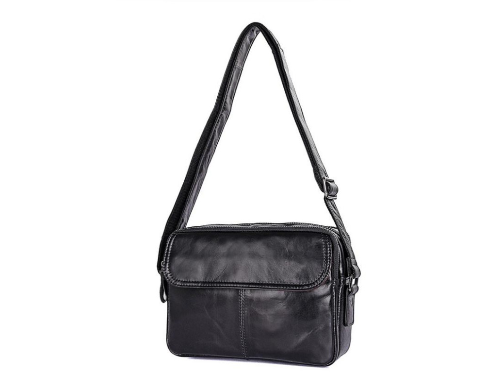 Стильная мужская кожаная сумка через плечо черная Tiding Bag 1026A - Фото № 5