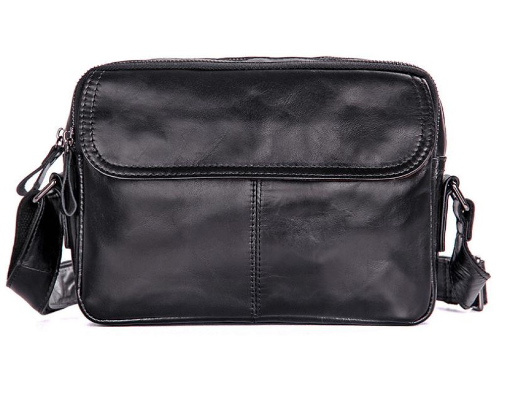 Стильная мужская кожаная сумка через плечо черная Tiding Bag 1026A - Фото № 9