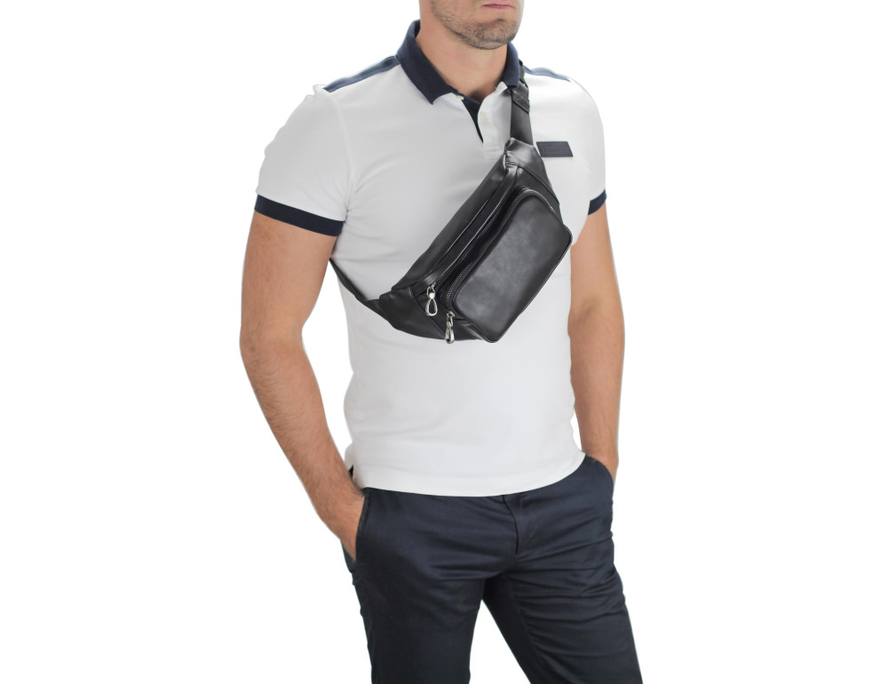 Чёрная кожаная бананка мужская Tiding Bag 310A - Фото № 5