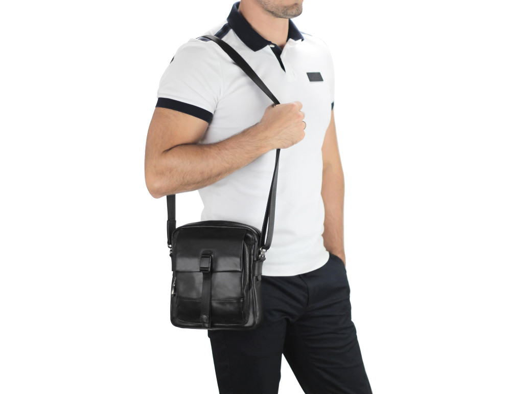 Чоловіча шкіряна сумка через плече чорна Tiding Bag 316A - Фотографія № 5