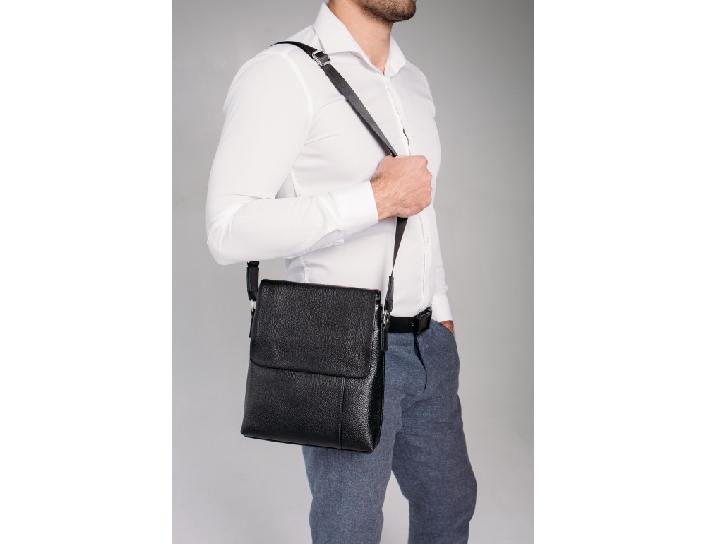 Чёрная кожаная сумка через плечо Tiding Bag A25F-8878A - Фото № 2