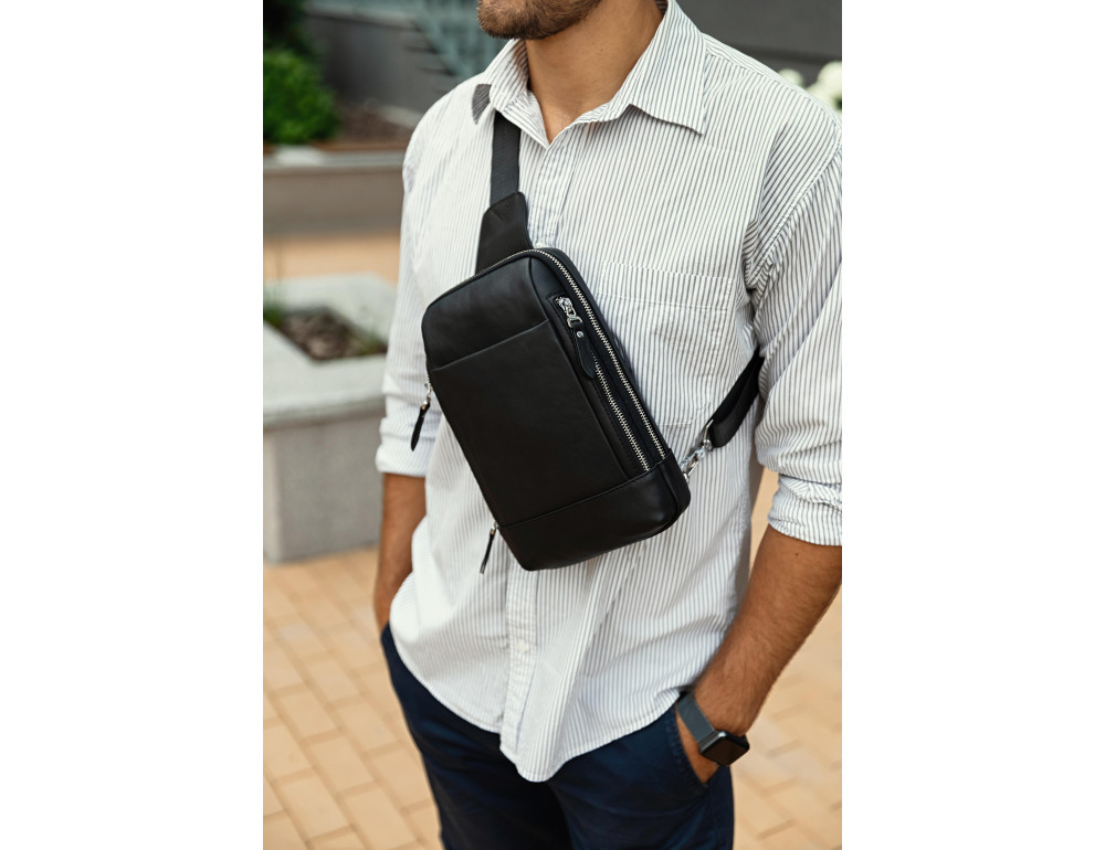 Мужской кожаный рюкзак на одну шлейку черный Tiding Bag B3-087A - Фото № 5