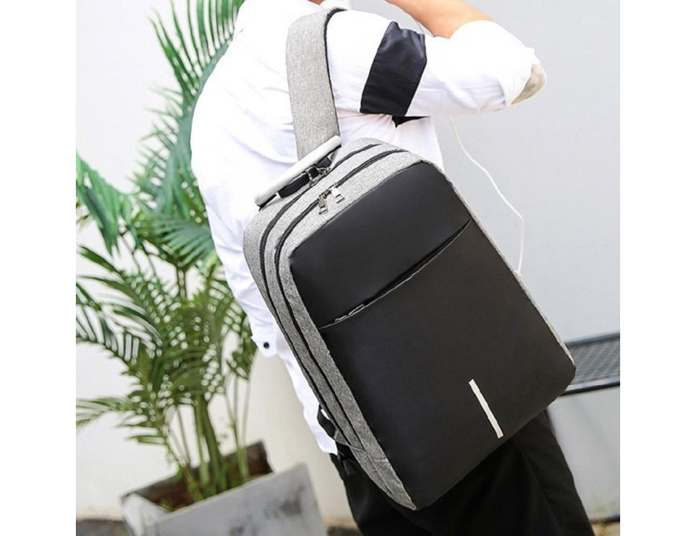 Текстильный большой серый мужской рюкзак для ноутбука Tiding Bag BPT01-CV-9006G - Фото № 12