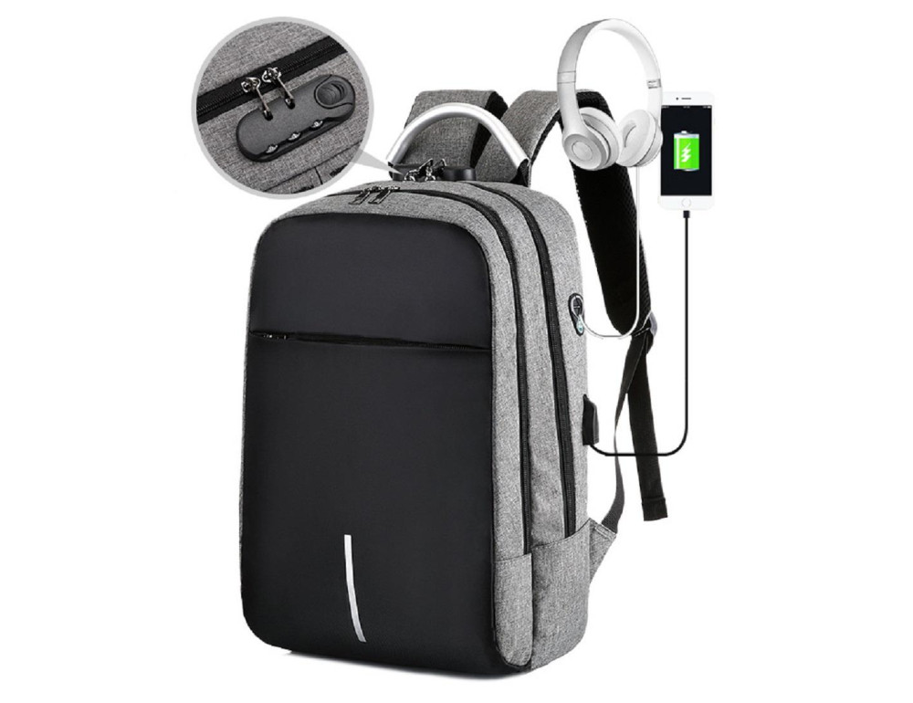 Текстильный большой серый мужской рюкзак для ноутбука Tiding Bag BPT01-CV-9006G - Фото № 13