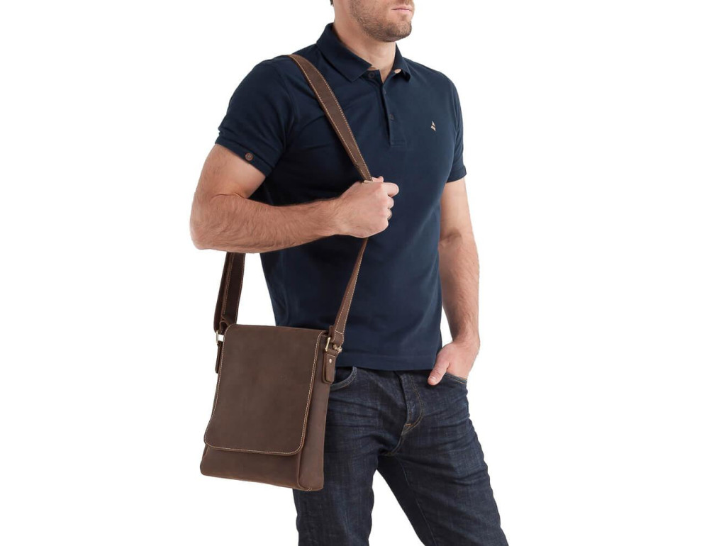 Мужская сумка через плечо из натуральной  кожи  коричневая Tiding Bag G1157DB - Фото № 6