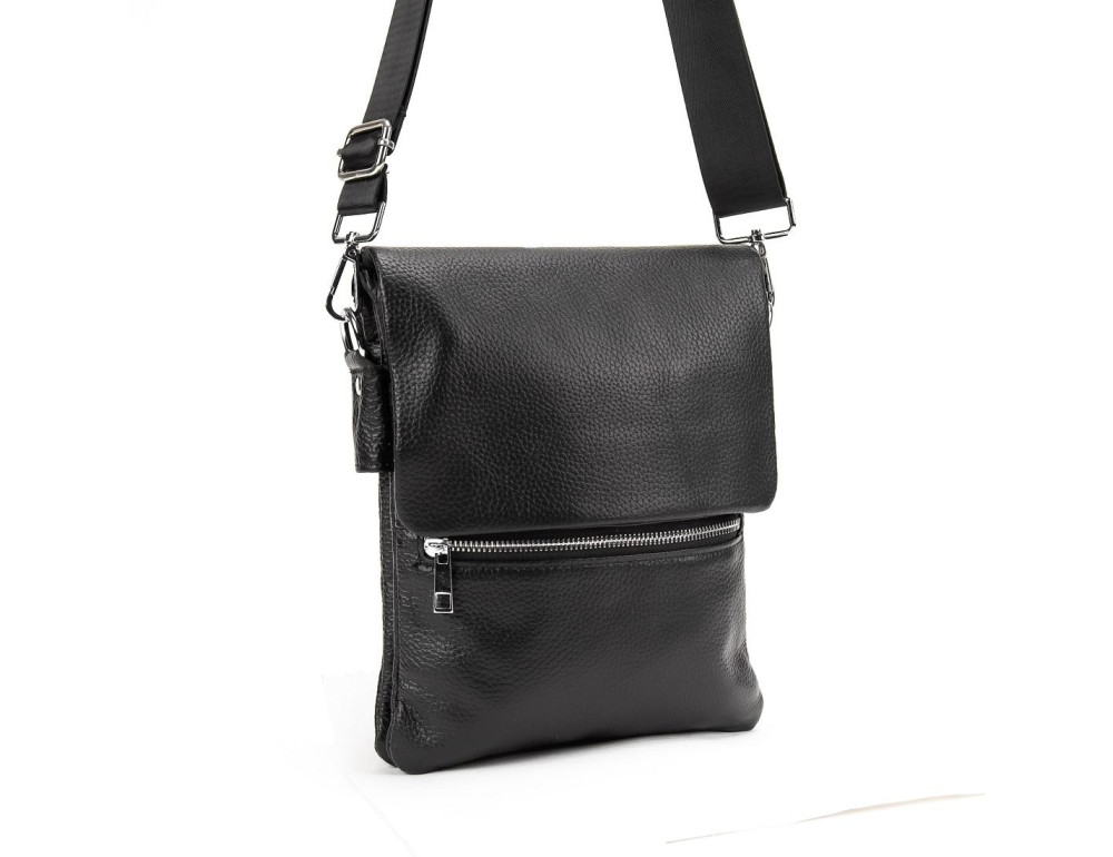 Чёрный кожаный мессенджер с клапаном Tiding Bag M56-2056A - Фото № 2