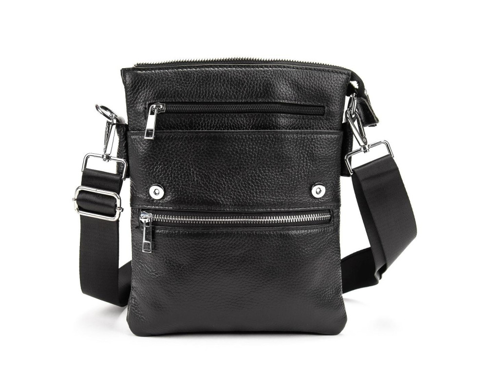 Чёрный кожаный мессенджер с клапаном Tiding Bag M56-2056A - Фото № 3
