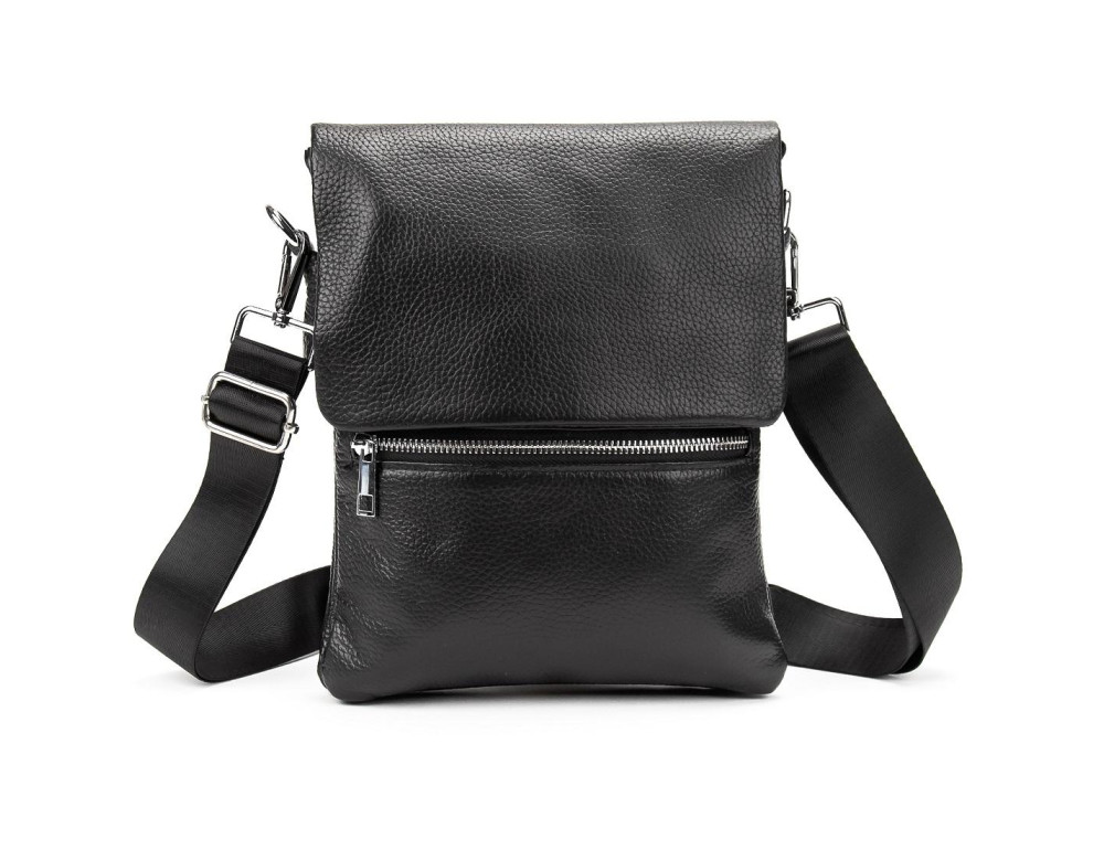 Чёрный кожаный мессенджер с клапаном Tiding Bag M56-2056A - Фото № 5