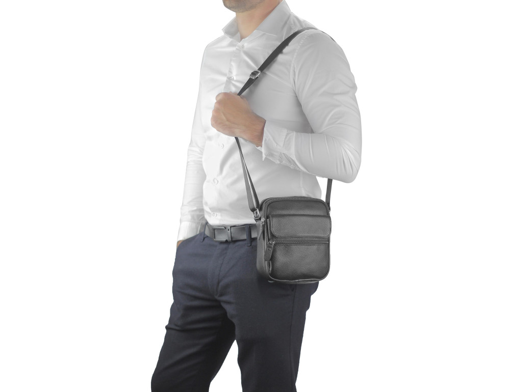 Мужская кожаная сумка черная через плечо Tiding Bag NM20-1812A - Фото № 6