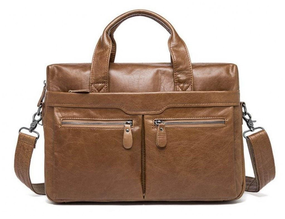 Мужская кожаная сумка для ноутбука и документов светло-коричневая Tiding Bag S-M56-7122C-2 - Фото № 3