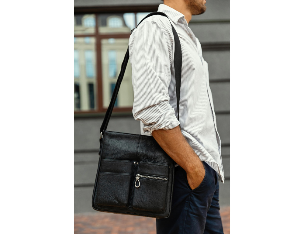 Мужская кожаная сумка через плечо черная Tiding Bag SM8-008A - Фото № 5