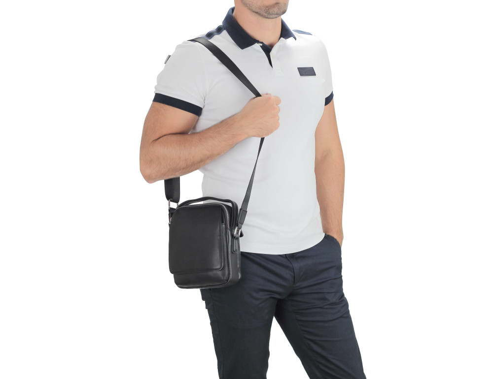 Мужская кожаная сумка на плечо черная Tiding Bag SM8-009A - Фото № 6