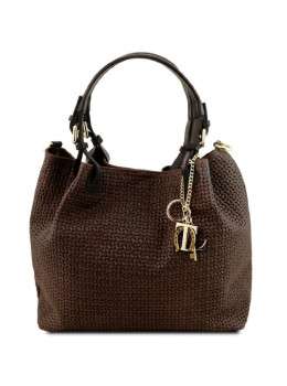 Кожаная сумка-шоппер KeyLuck с плетеным теснением Tuscany TL141573 Dark Brown