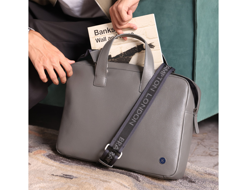 Стильная кожаная сумка для ноутбука 14" Brampton London Maven (Серая) — модель 64273 GREY - Фото № 14