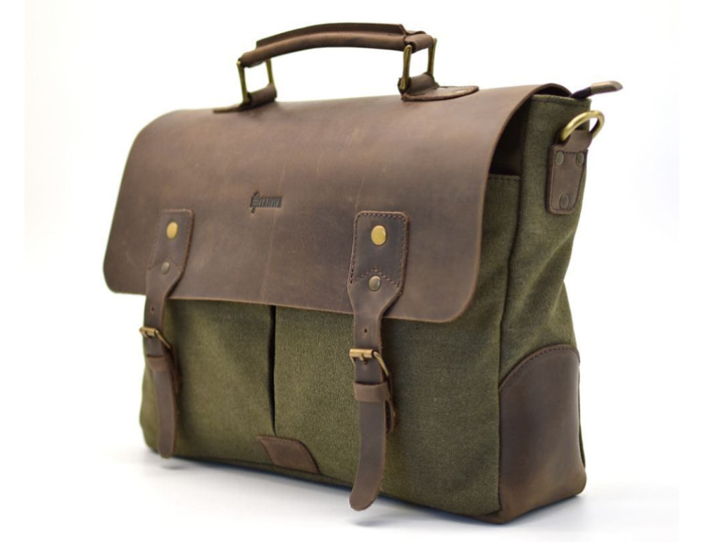 Сумка-портфель з тканини та шкіри кольору хакі TARWA RCH-3960-4lx - Фотографія № 3