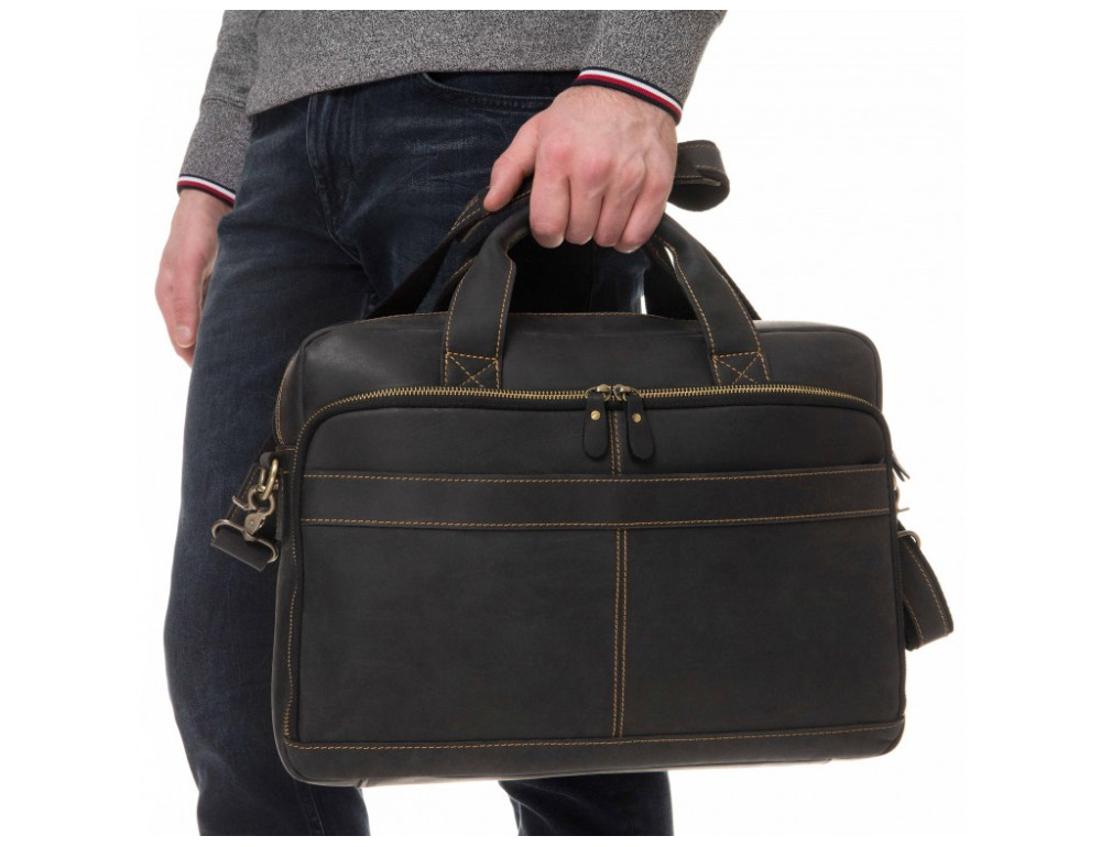 Чорна шкіряна сумка під ноутбук Tiding Bag t0033A - Фотографія № 2