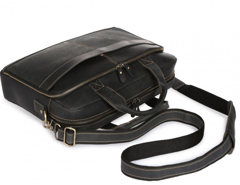 Чорна шкіряна сумка під ноутбук Tiding Bag t0033A - Фотографія № 6