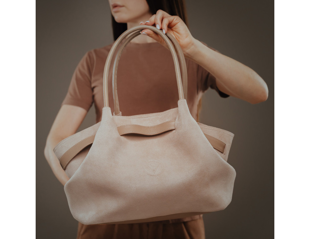 Большая женская сумка тоут из натуральной замши Vittorio Safino VSL044 Beige - Фото № 2