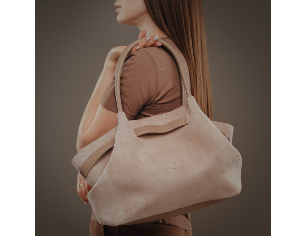 Большая женская сумка тоут из натуральной замши Vittorio Safino VSL044 Beige - Фото № 6